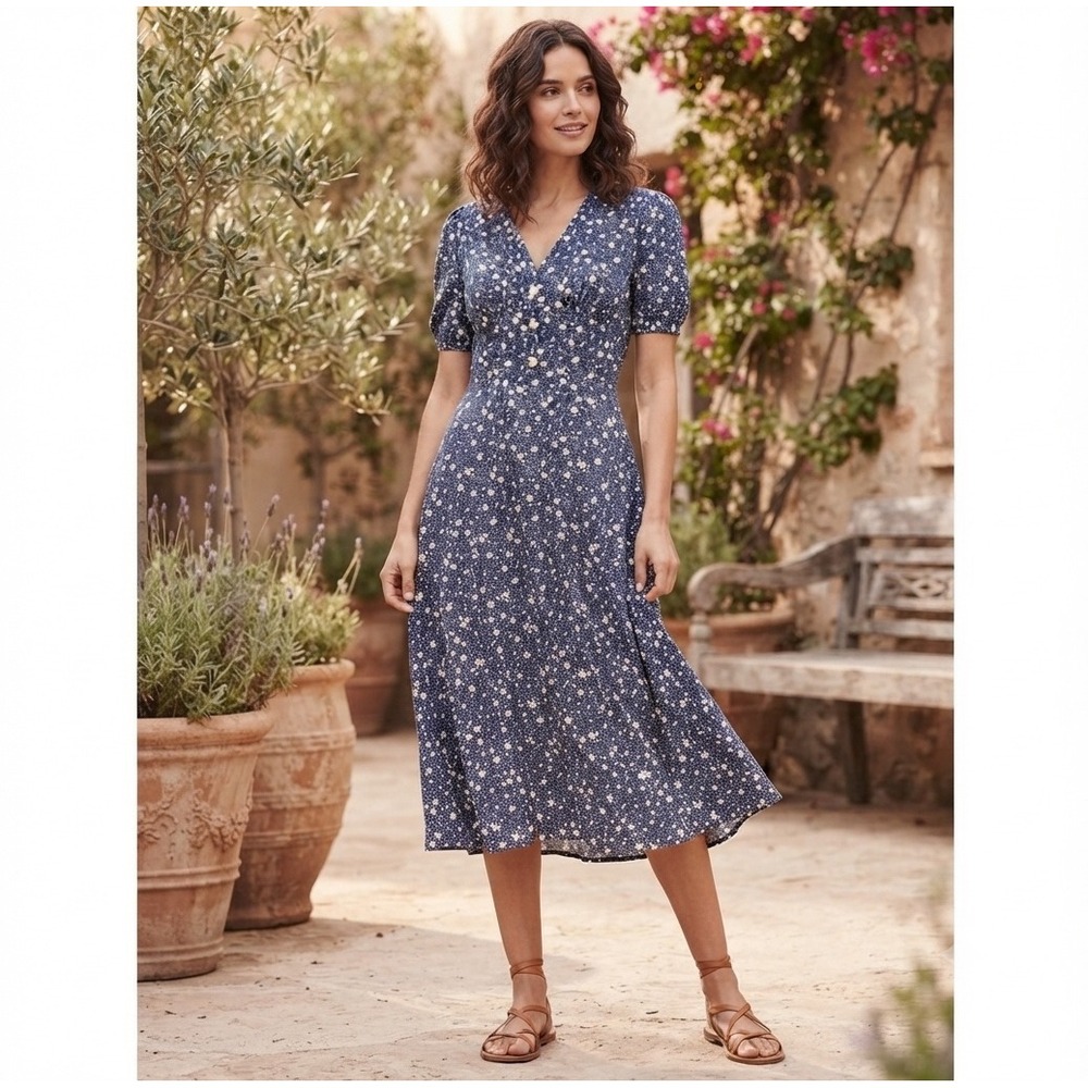 Droimp Blue Floral Print Button Up V Neck Short Sleeve Midi Dres M
